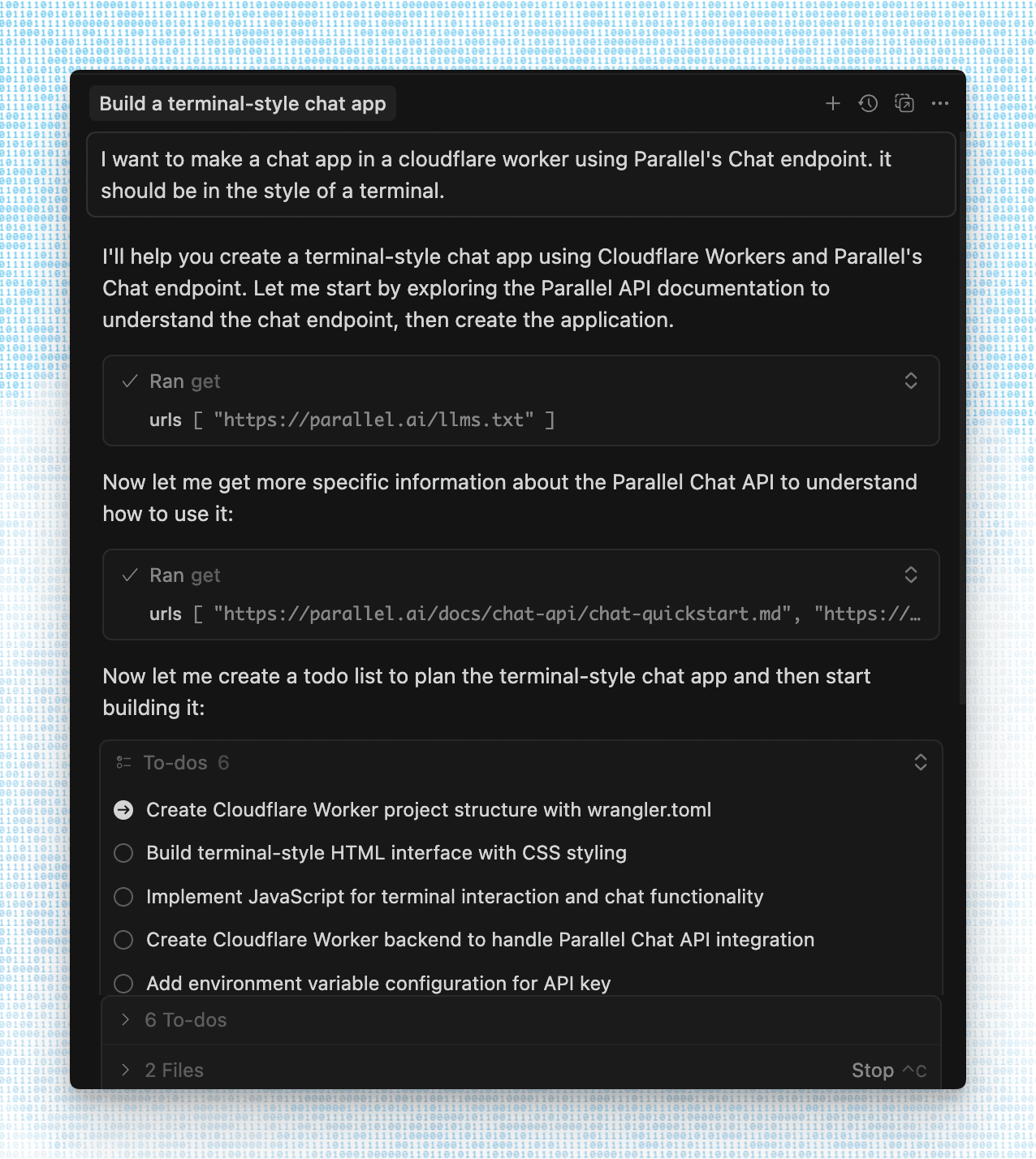 Build a terminal-style chat app using Parallel's llms.txt